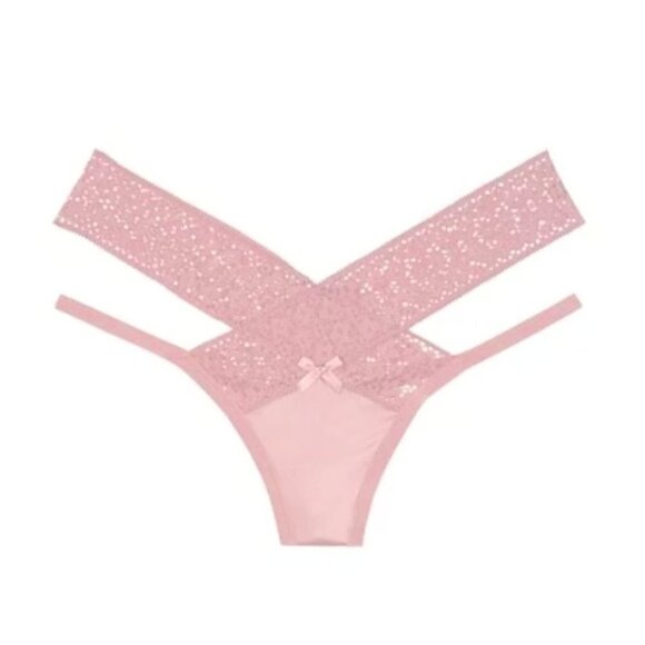 Millennial Pink Banded Lace Strappy Cut-Out Thong Panty - Picture 1 of 7